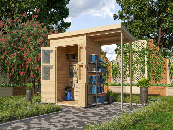 Gerätehaus Merseburg 2 14 mm naturbelassen inkl. 140 cm Anbau