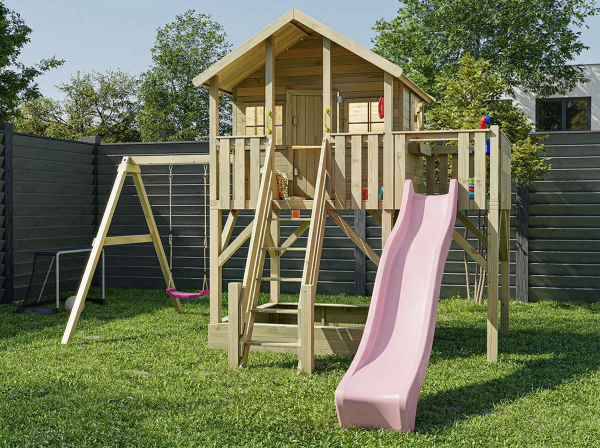 Stelzenhaus Big House XL KDI inkl. Einzelschaukel und Rutsche pastellrosa