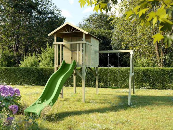 Stelzenhaus Tree Hut KDI inkl. Einzelschaukel und Rutsche grün