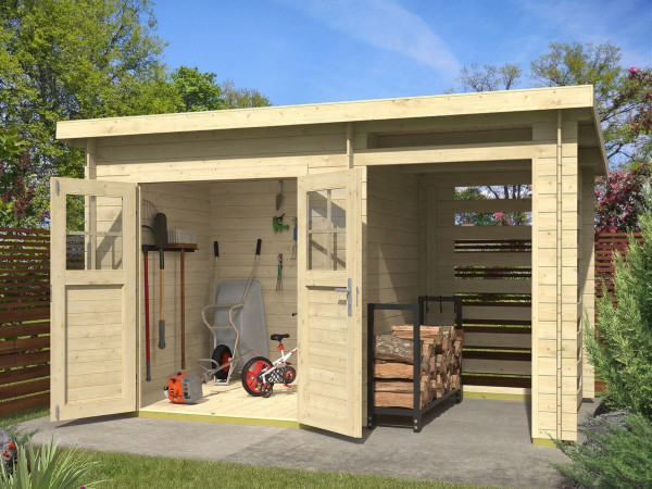 Gartenhaus Blockbohlenhaus Linz 19 mm naturbelassen inkl. Boden + 150 cm Anbau