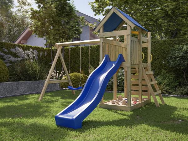 Spielturm Speedy KDI inkl. Doppelschaukel inkl. Rutsche blau + Sitze blau