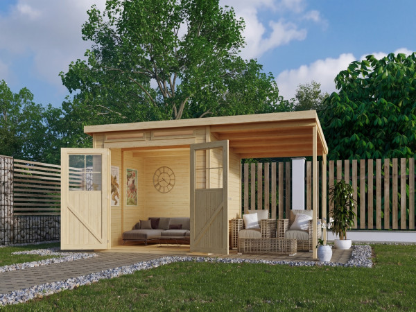 Gartenhaus Glücksberg 5 19 mm naturbelassen inkl. 190 cm Anbaudach