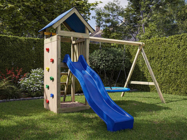 Spielturm Easy KDI inkl. Doppelschaukel inkl. Rutsche blau + Nestschaukel