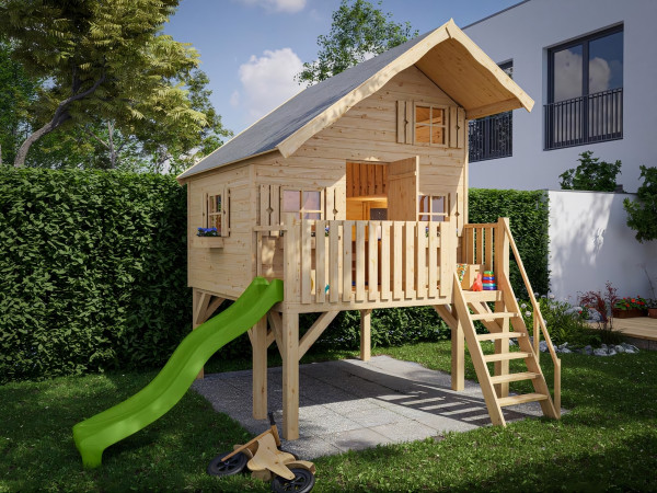 Stelzenhaus Tom XL 15 mm naturbelassen inkl. Veranda, Stelzen und Rutsche grün