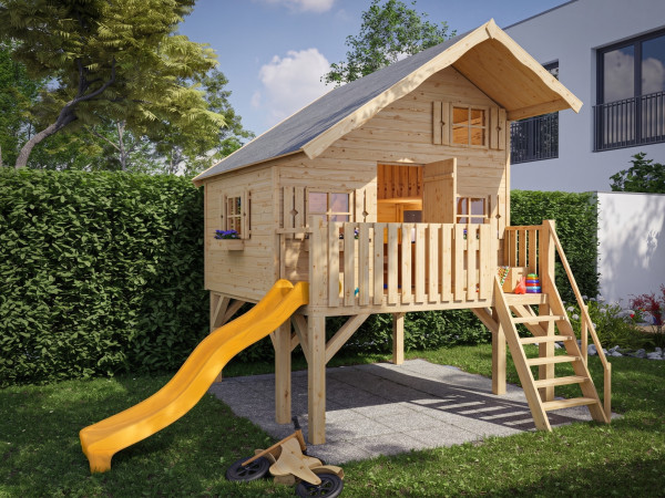 Stelzenhaus Tom XL 15 mm naturbelassen inkl. Veranda, Stelzen und Rutsche gelb