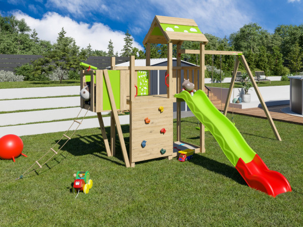 Spielturm Louanne inkl. Doppelschaukel, Kletterwand + Rutsche grün-rot