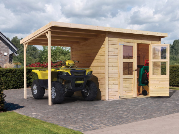 Gerätehaus Merseburg 4 14 mm naturbelassen inkl. 140 cm Anbau