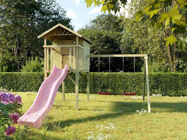 Stelzenhaus Tree Hut KDI inkl. Doppelschaukel und Rutsche pastellrosa