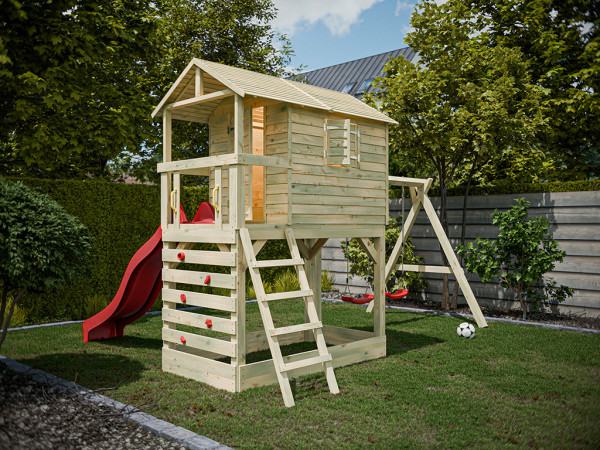 Stelzenhaus Luis kesseldruckimprägniert inkl. Doppelschaukel und Rutsche rot