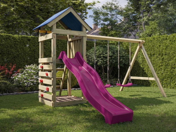 Spielturm Easy KDI inkl. Doppelschaukel inkl. Rutsche pink + Sitze pink