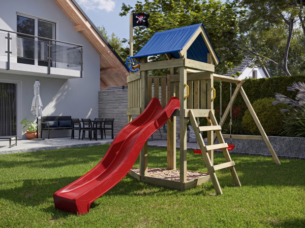 Spielturm Pirat Captain Jolly KDI mit Doppelschaukel inkl. Rutsche rot + Sitze rot