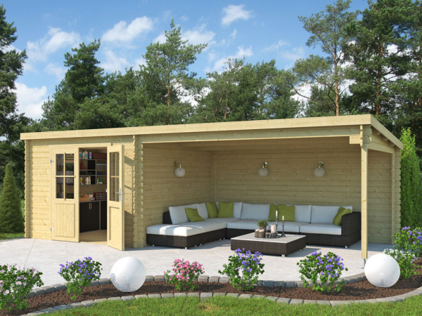 Gartenhaus Blockbohlenhaus St. Louis Exklusiv 28 mm mit 4 m Anbau