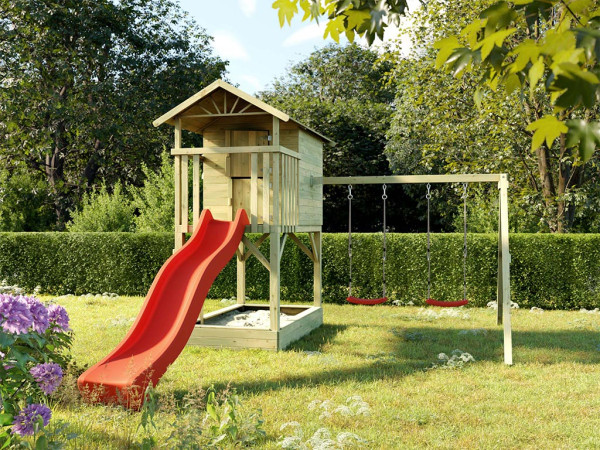 Stelzenhaus Tree Hut mit Sandkasten KDI inkl. Doppelschaukel und Rutsche rot