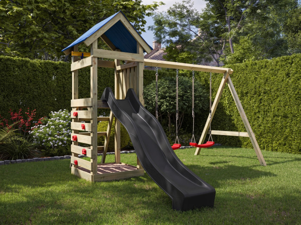 Spielturm Easy KDI inkl. Doppelschaukel inkl. Rutsche grau + Sitze rot