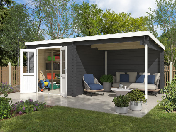 Gartenhaus Blockbohlenhaus Orlando Exklusiv 28 mm carbongrau mit 3 m Anbau