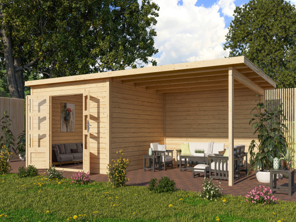 Gartenhaus Wacken 8 28 mm naturbelassen inkl. 4 m Anbau + Rückwand