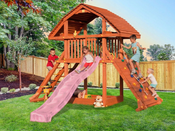 Spielturm Giant teakfarben inkl. Rutsche pink