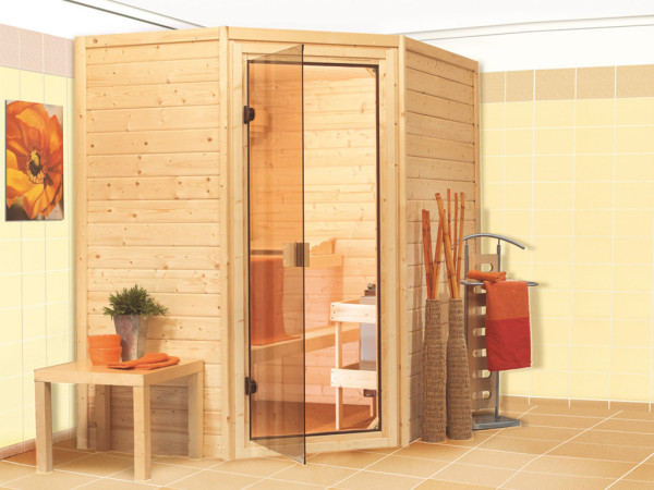 Massivholzsauna 38 mm Katie SPARSET inkl. 4,5 kW Saunaofen und int. Steuerung