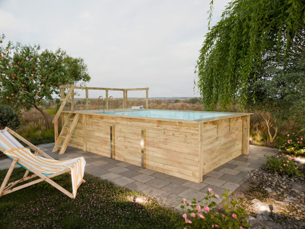 Holzpool Rechteck Pool 2 44 mm SPARSET Terrasse Front und Zubehöre