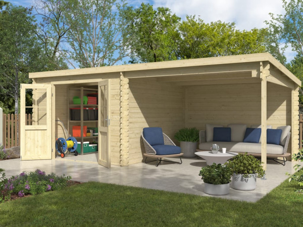 Gartenhaus Blockbohlenhaus Orlando Exklusiv 28 mm naturbelassen mit 3 m Anbau