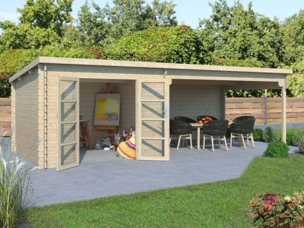 Gartenhaus Homeoffice Blockbohlenhaus Inna 34 mm naturbelassen mit 4 m Anbau