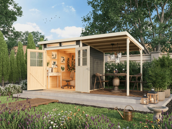 Gartenhaus Glücksberg 3 19 mm terragrau inkl. 190 cm Anbaudach