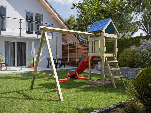Spielturm Easy KDI inkl. Doppelschaukel inkl. Rutsche rot + Sitze rot