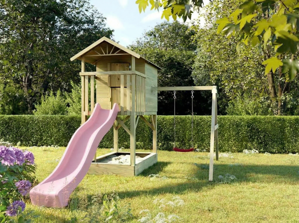 Stelzenhaus Tree Hut mit Sandkasten KDI inkl. Einzelschaukel und Rutsche pink